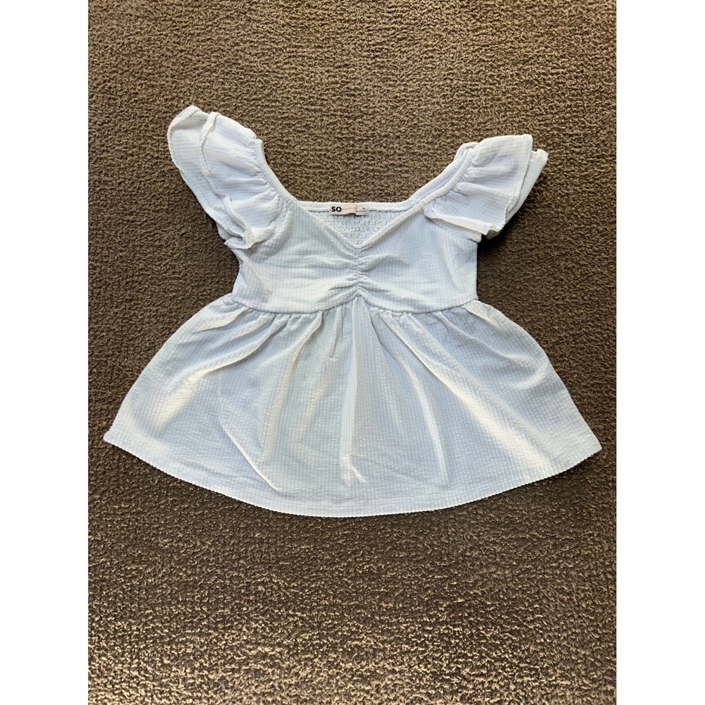 SO Goods For Life White Seersucker Ruffle Sleeve Smocked Peplum Top Womens M